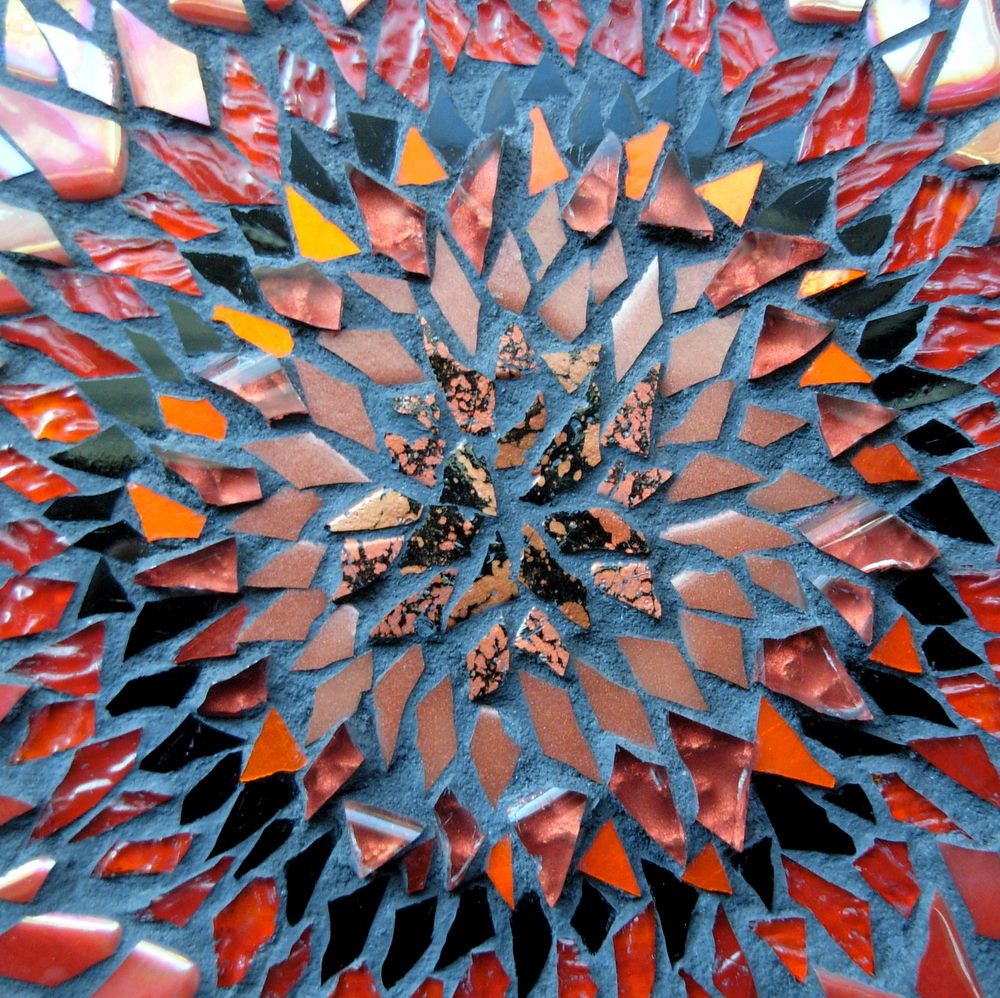 Red Blanket Flower Mandala by Margaret Almon with a Center of Cosmos Glass Tile.