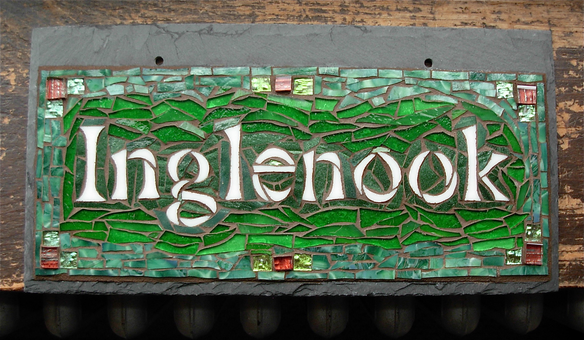 Inglenook: Mosaic House Name by Nutmeg Designs. Glass on slate, 12x6"