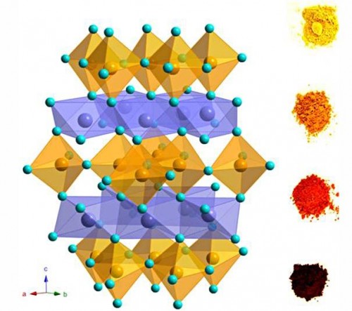  The unusual "trigonal bipyramidal" crystalline structure seen here is being used by researchers at Oregon State University to create a range of new pigments with properties of safety and stability that should have important applications in the paint and pigment industries. (Graphic courtesy of Oregon State University)