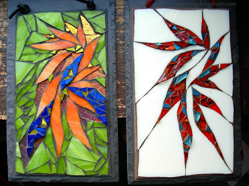 One Design, Two Paths by Nutmeg Designs.  Glass, dichroic and gold smalti on slate, 10x6 inches.