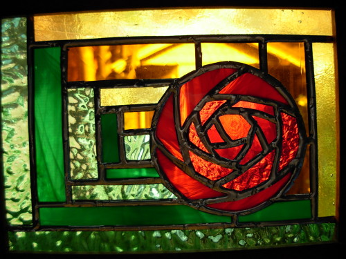 Mackintosh Rose Log Cabin Stained Glass by Wayne Stratz.