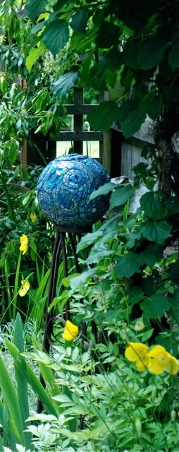 Blue Skies Mosaic Gazing Ball by Margaret Almon.