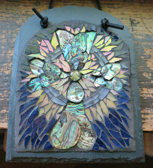 Celtic Cross in Mother of Pearl and Glass on slate, 8x10 inches, by Margaret Almon.