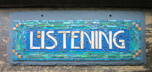 Listening by Nutmeg Designs. Glass on slate, 6x15 inches.