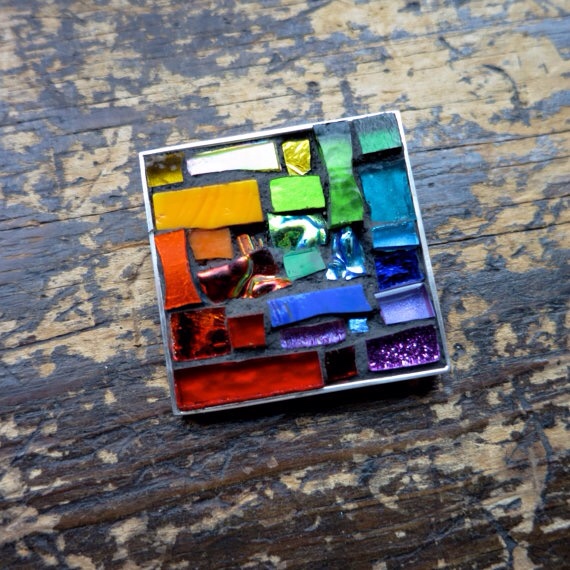 Rainbow Brooch by Margaret Almon. Glass mosaic and silver overlay, 1.4 inch.