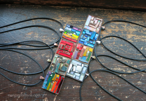 Summer Crop of Mosaic Pendants by Margaret Almon. Glass, ceramic, dichroic, mirror, gold smalti, 1 inch square, ©2015