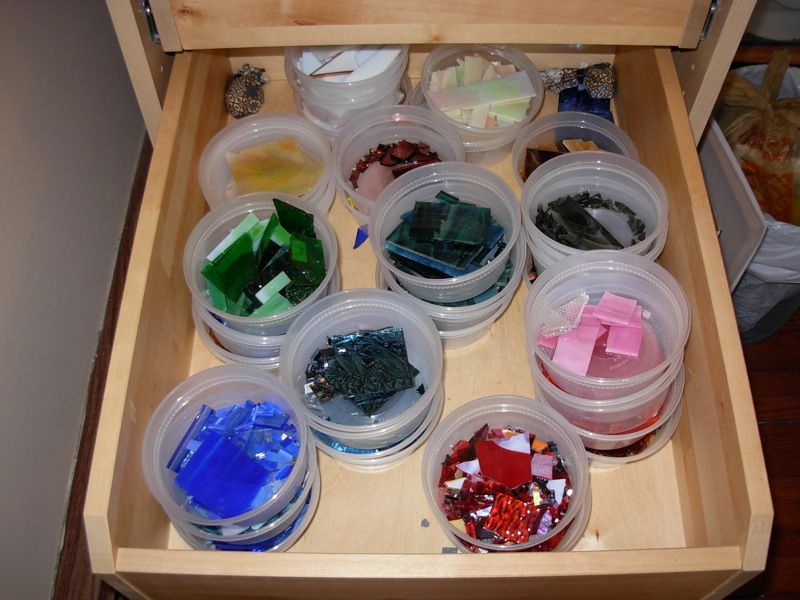 Drawer of Stained Glass from Tower of Tesserae. Photo by Margaret Almon.